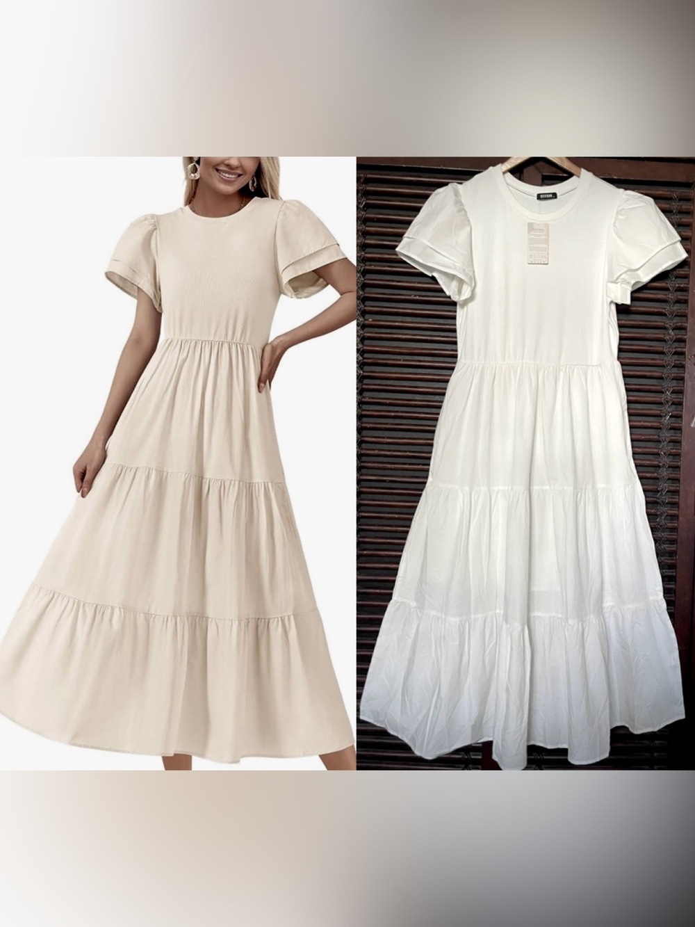 BTFBM White Crewneck Midi Maxi Dress Double Poplin Flutter Sleeves Tiered XL NWT